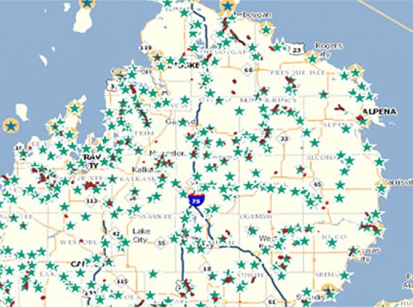 map of upper michigan covered with location marks