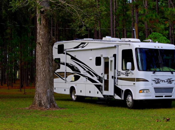 An RV parked in a forest campground