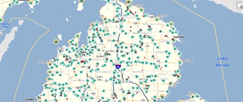 map of upper michigan covered with location marks